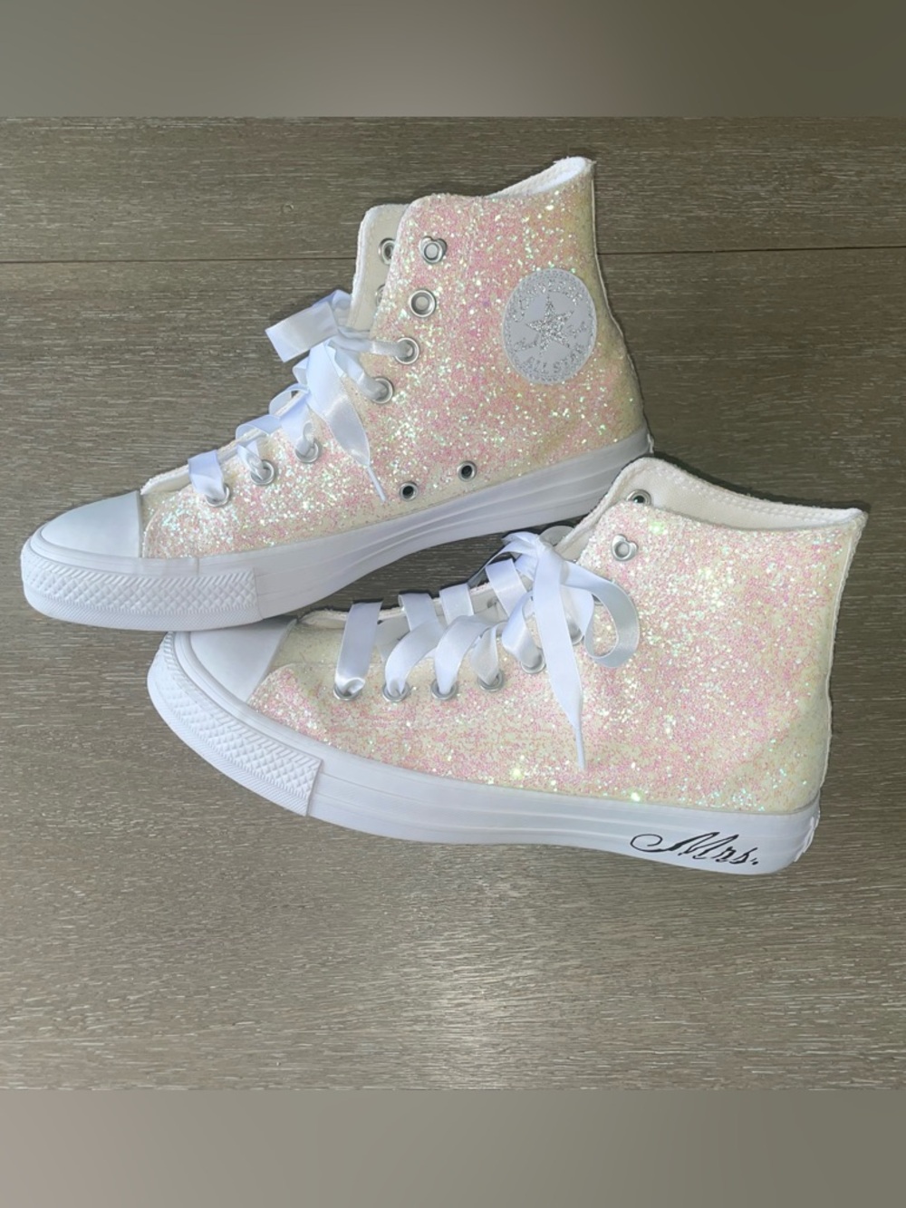 Converse Bridal MRS. “Just married” White Iridescent Glitter High Tops